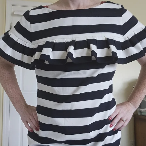 Eliza J Navy and White Striped Ruffle Midi Dress 16 Sheath Dress - Picture 6 of 8